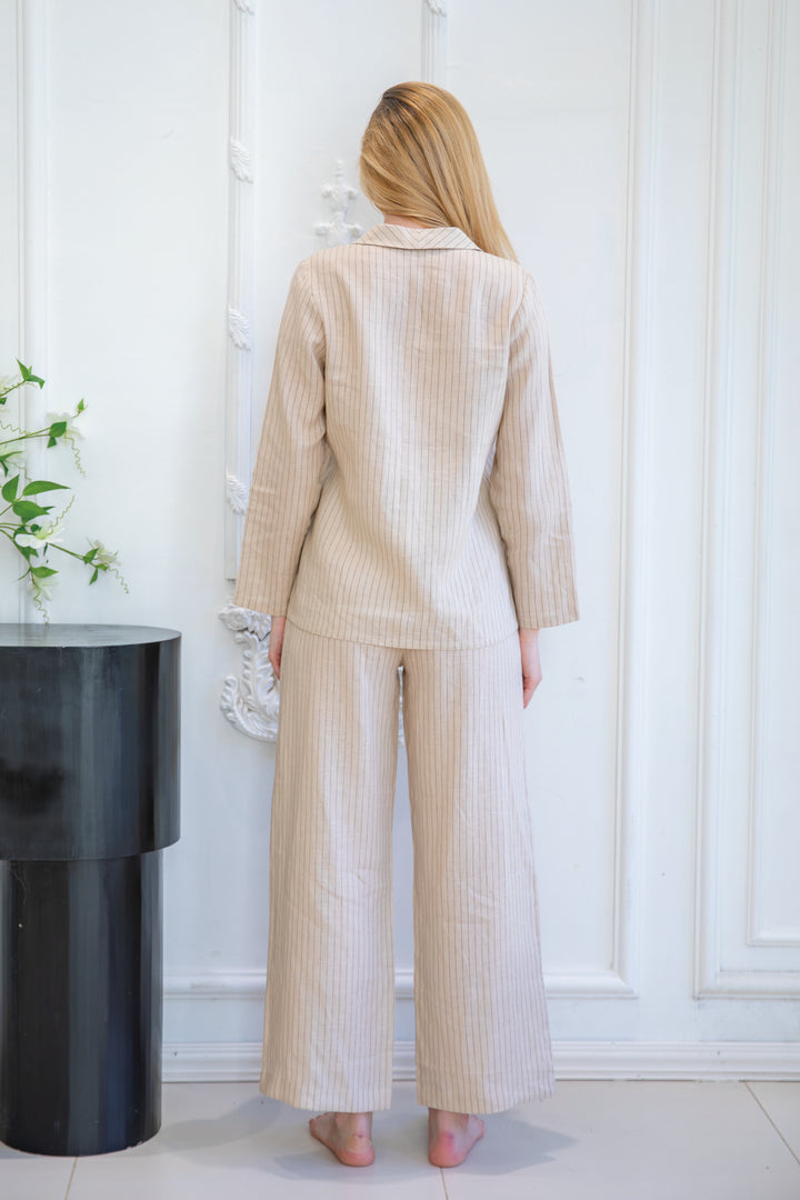 Soft Rib-Knit Cream Pajama Set with Buttoned Top